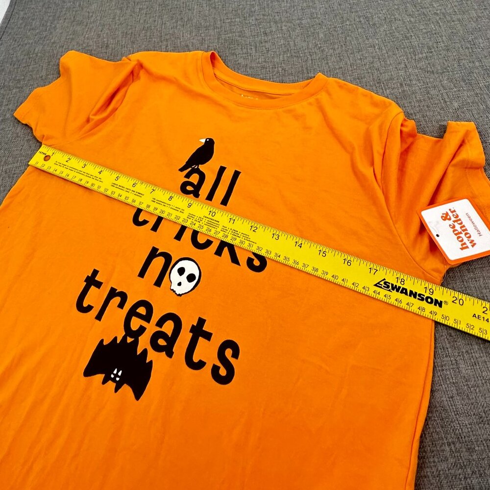 NEW Halloween Shirt Apricot/ Orange All tricks n treats Crow Bat Skull‎ Print - Picture 7 of 8
